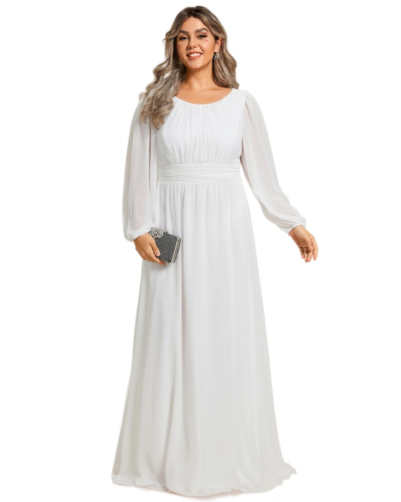 Front of a model wearing a size 10 Chiffon High Empire Waist Puff Sleeve Mother Dress in White by Ever-Pretty. | dia_product_style_image_id:327926